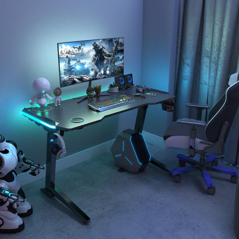 GX119XL Gaming Standing Desk with built-in control panel, RBG LED lightings, Carbon fibre surface, Cup holder, Headphone holder.